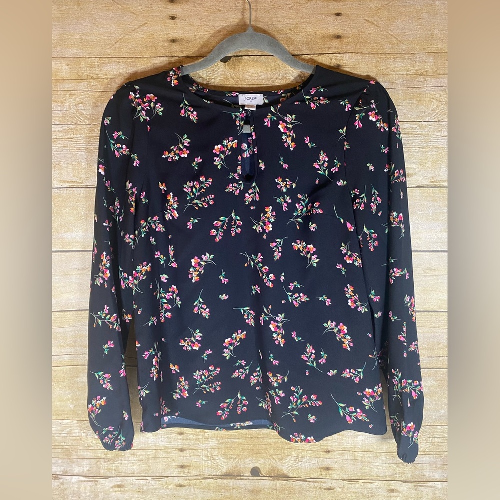 J. Crew Womens Black Floral Print Long Sleeve Keyhole Blouse Top Size XS